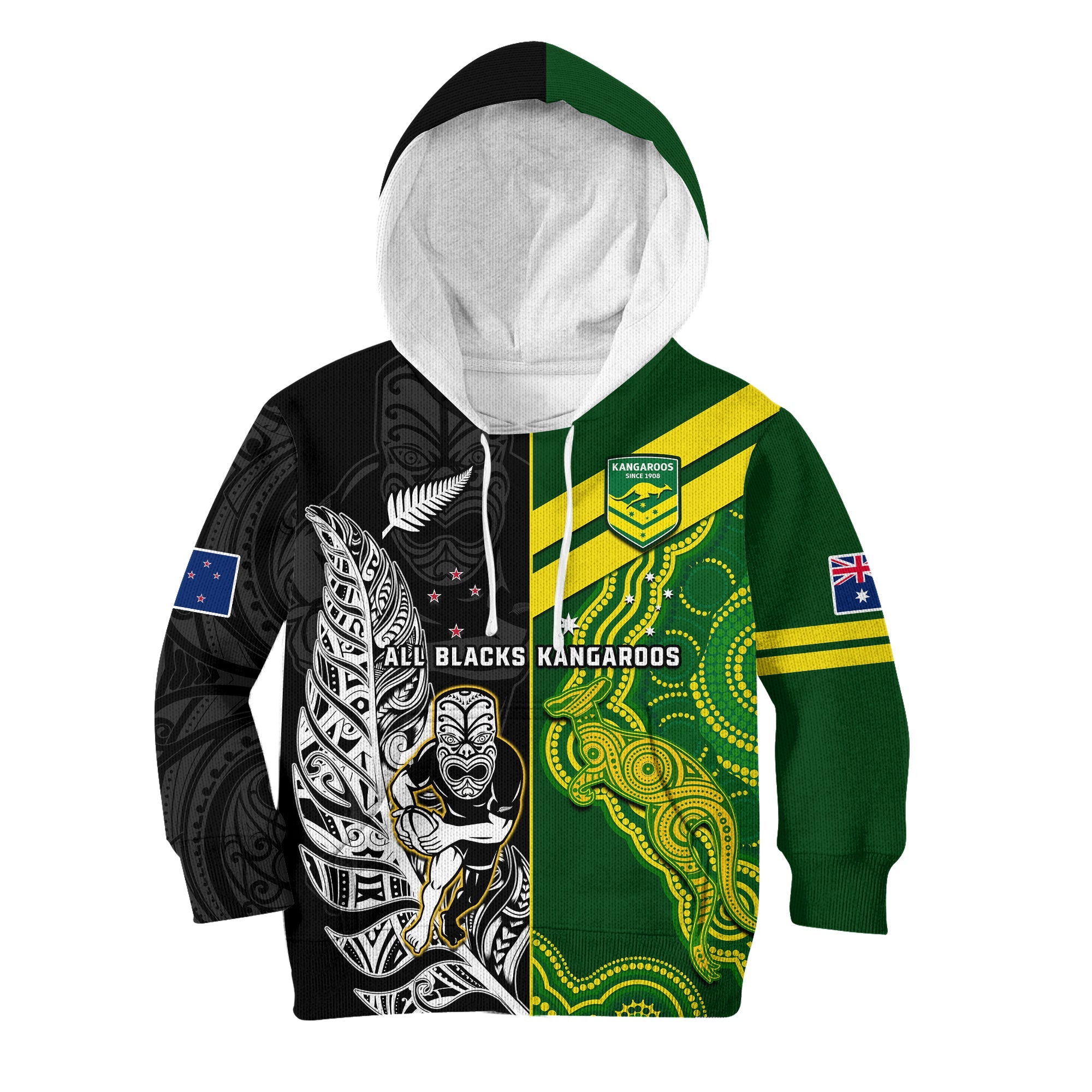 (Custom Personalised) Australia Kangaroos And All Black Rugby Hoodie KID Aboriginal Mix NZ Maori Fern LT14