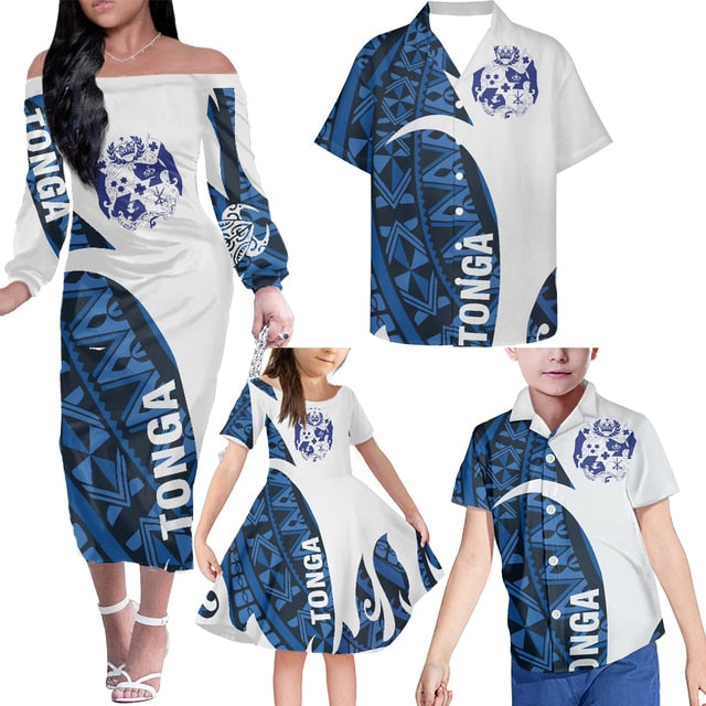 Tonga Family Matching Outfits Polynesian Tribal Off Shoulder Long Sleeve Dress And Shirt Family Set Clothes - Polynesian Pride