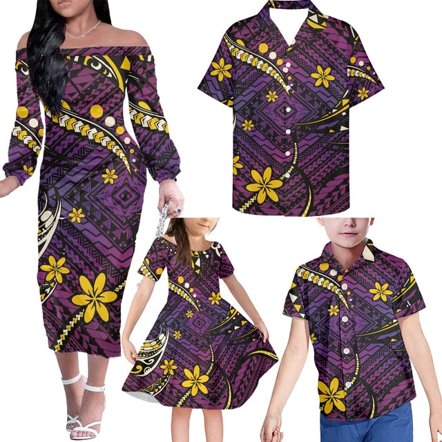 Polynesian Family Matching Outfits Hawaii Floral Tropical Off Shoulder Long Sleeve Dress And Shirt Family Set Clothes - Polynesian Pride