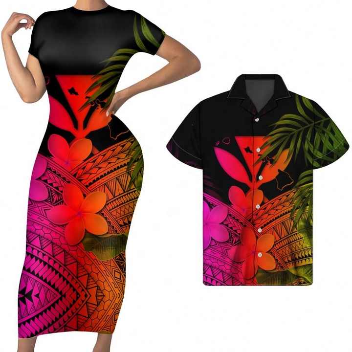 Polynesian Pride Matching Clothes For Couples Hawaii Plumeria Flowers Bodycon Dress And Hawaii Shirt - Polynesian Pride