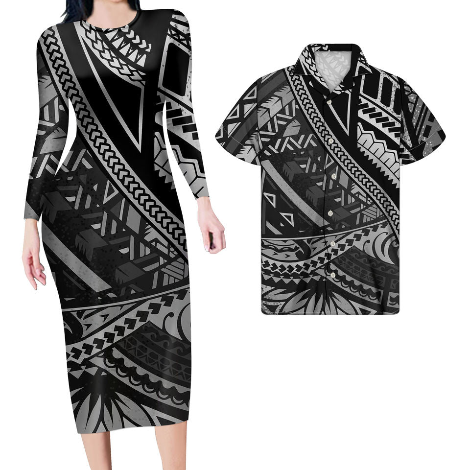 Matching Outfit For Couples Black Polynesian Tribal Hawaii Tropical Bodycon Dress And Hawaii Shirt - Polynesian Pride