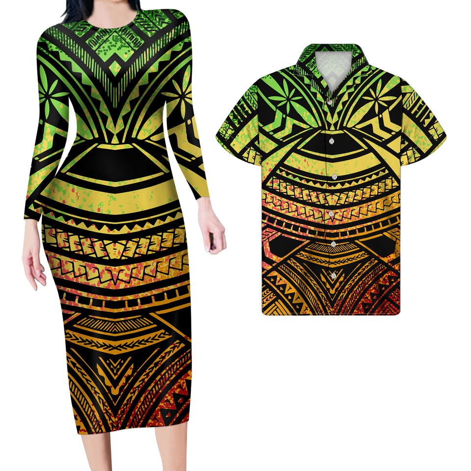 Hawaii Matching Clothes For Couples Hawaiian Polynesian Tribal Bodycon Dress And Hawaii Shirt - Polynesian Pride