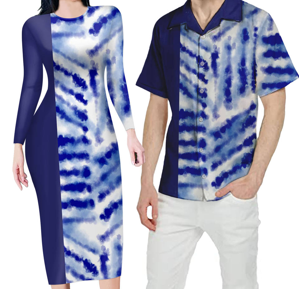 Hawaii Blue Matching Outfit For Couples Bodycon Dress And Hawaii Shirt - Polynesian Pride