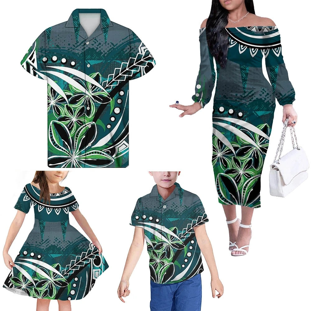 Family Matching Outfits Hawaiian Floral Polynesian Tribal Green Off Shoulder Long Sleeve Dress And Shirt Family Set Clothes Dad's Shirt - 6XL - Polynesian Pride