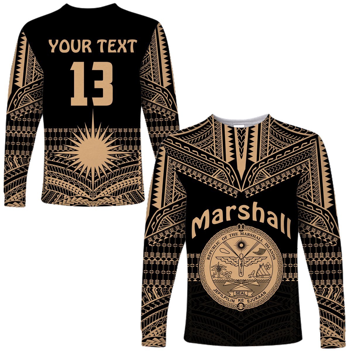 (Custom Text and Number) Marshall Islands Long Sleeve Shirt Best Tattoo Version Golden LT13 Unisex Golden - Polynesian Pride