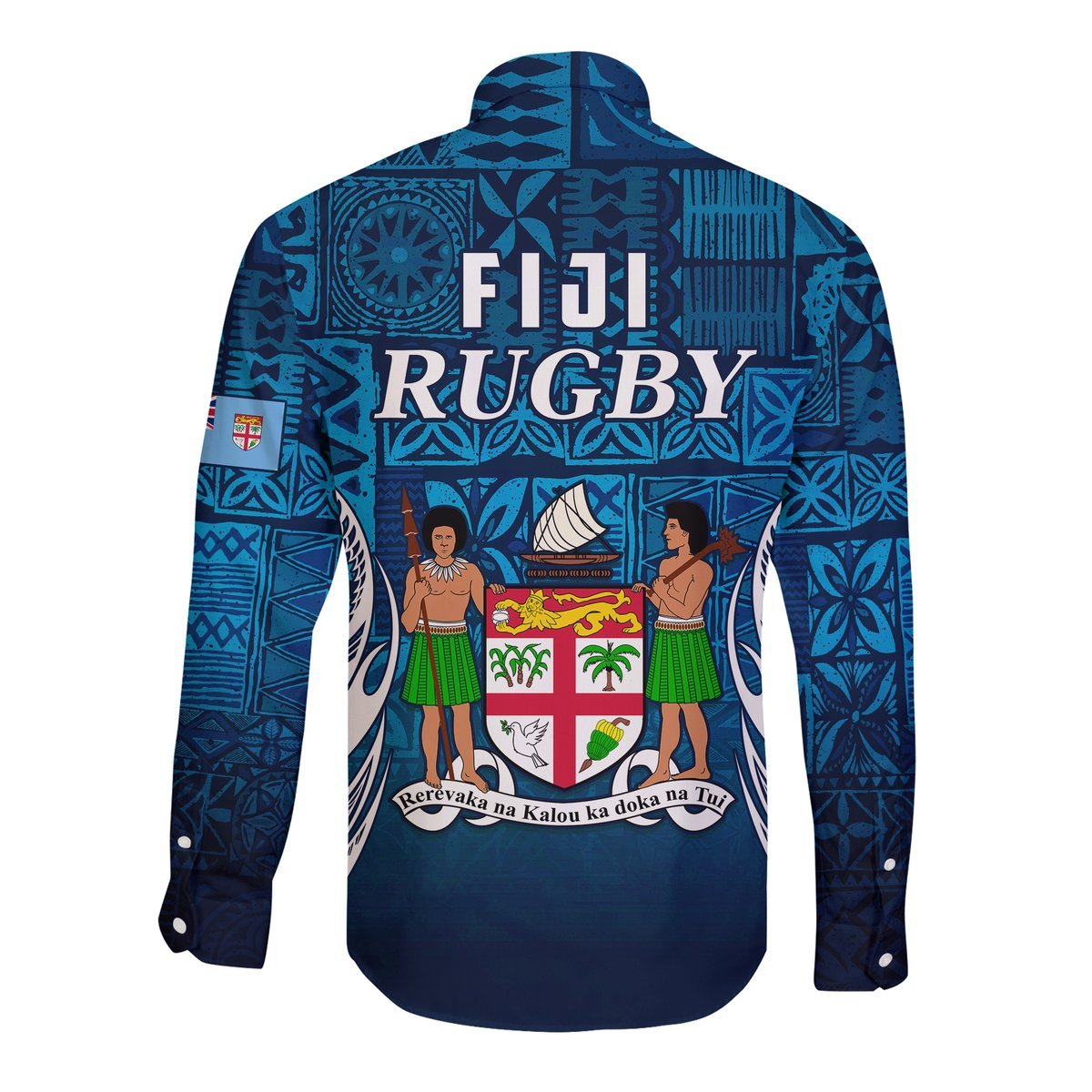Fiji Rugby Hawaii Long Sleeve Button Shirt Flying Fijians Blue 02 Tapa Pattern LT13 - Polynesian Pride