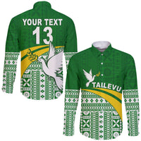 (Custom Text and Number) Tailevu Rugby Hawaii Long Sleeve Button Shirt Fiji Rugby Tapa Pattern Green LT13 Unisex Green - Polynesian Pride