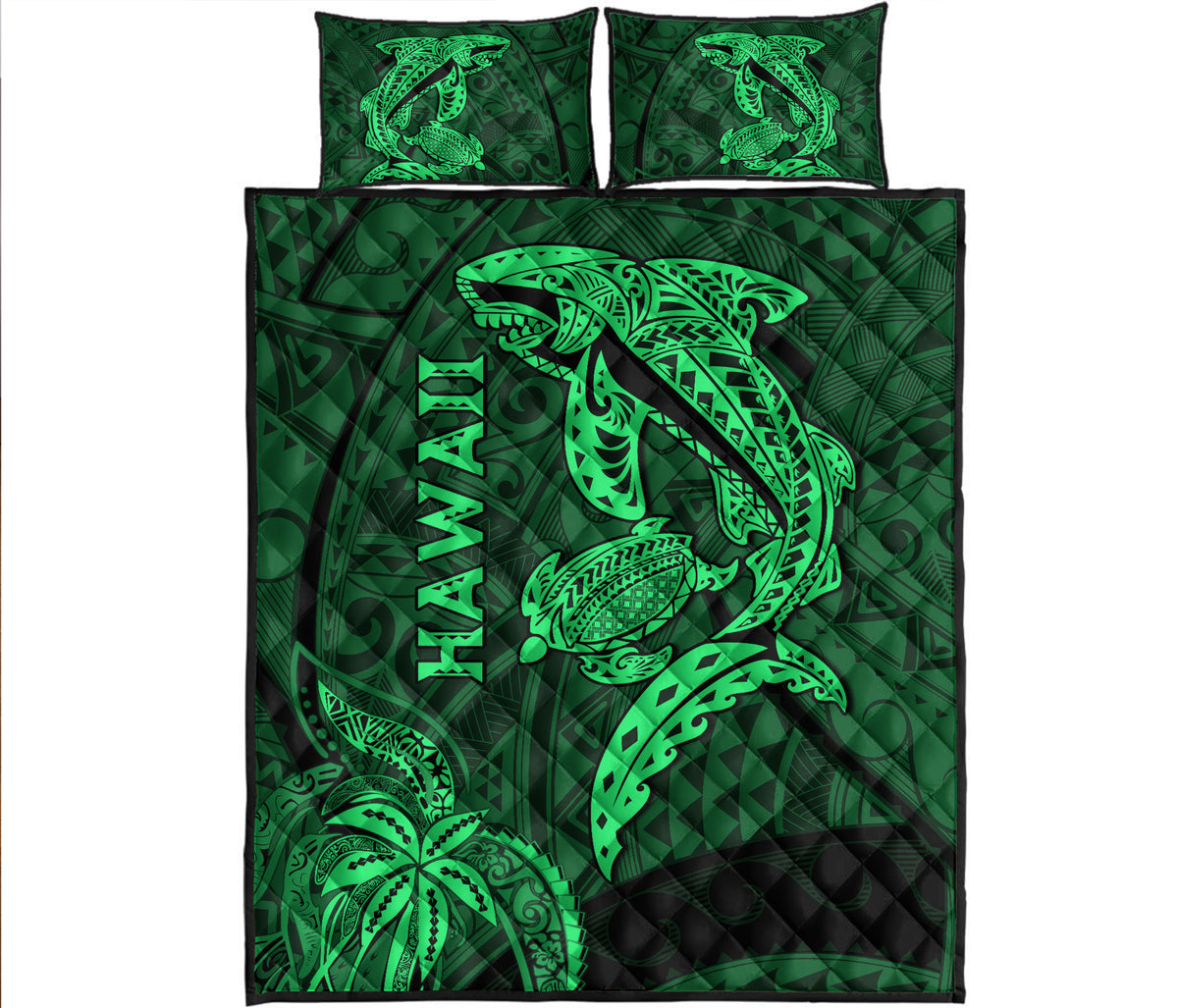 hawaii-shark-and-turtle-quilt-bed-set-with-green-kakau