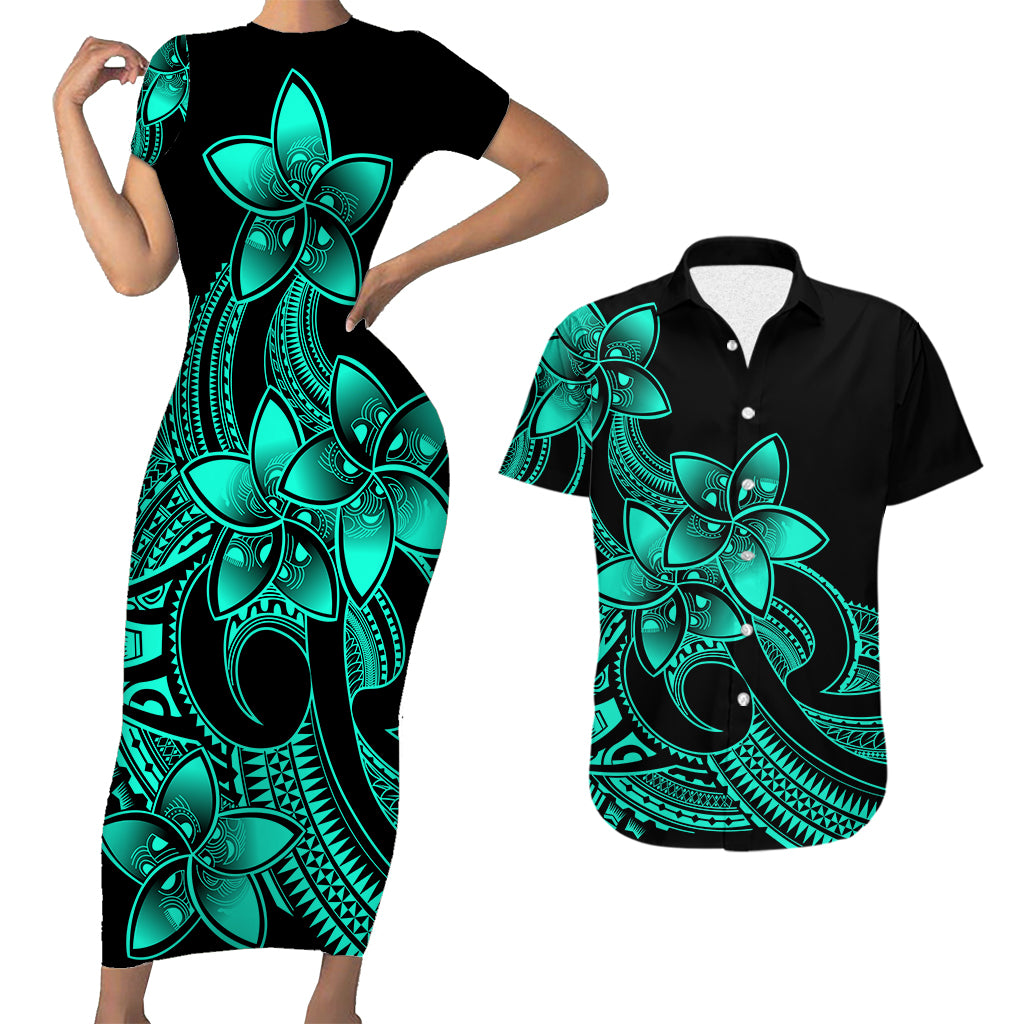 Polynesian Couple Outfits Plumeria Flowers Short Sleeve Body Long Dress and Hawaiian Shirt Polynesian Tribal Aqua Vibe LT9 Aqua - Polynesian Pride