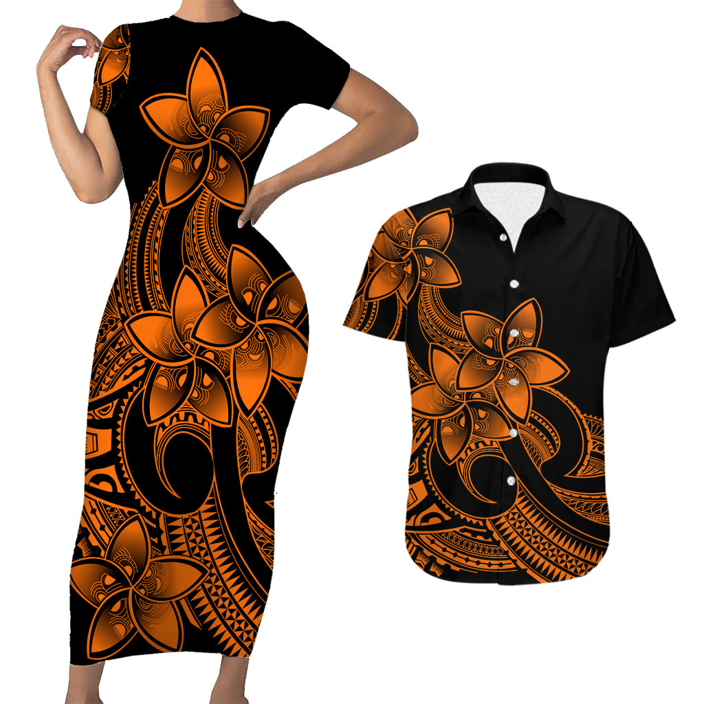 Polynesian Couple Outfits Plumeria Flowers Short Sleeve Body Long Dress and Hawaiian Shirt Polynesian Tribal Gold Vibe LT9 Gold - Polynesian Pride