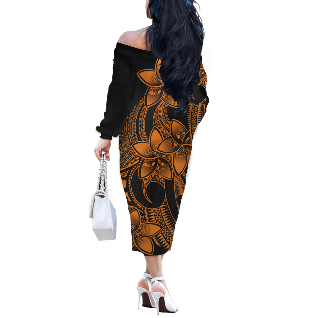 Polynesian Pride Plumeria Flowers Off Shoulder Long Sleeve Dress Polynesian Tribal Gold Vibe LT9 - Polynesian Pride