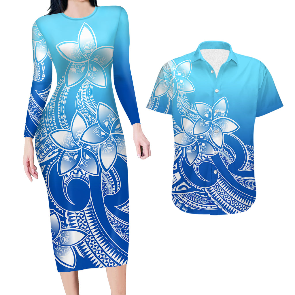 Polynesian Couple Outfits Plumeria Flowers Couples Bodycon Dress Hawaiian Shirt Polynesian Tribal Gradient Blue LT9 Gradient Blue - Polynesian Pride