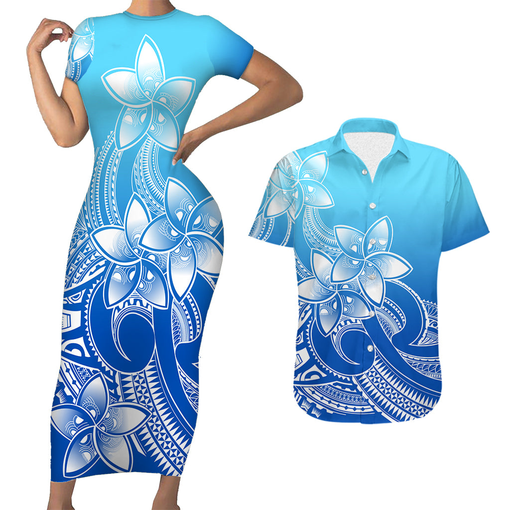 Polynesian Couple Outfits Plumeria Flowers Short Sleeve Body Long Dress and Hawaiian Shirt Polynesian Tribal Gradient Blue LT9 Gradient Blue - Polynesian Pride