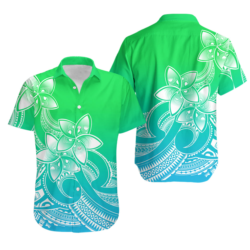 Polynesian Couple Outfits Plumeria Flowers Matching Dress and Hawaiian Shirt Polynesian Tribal Gradient Green LT9 - Polynesian Pride