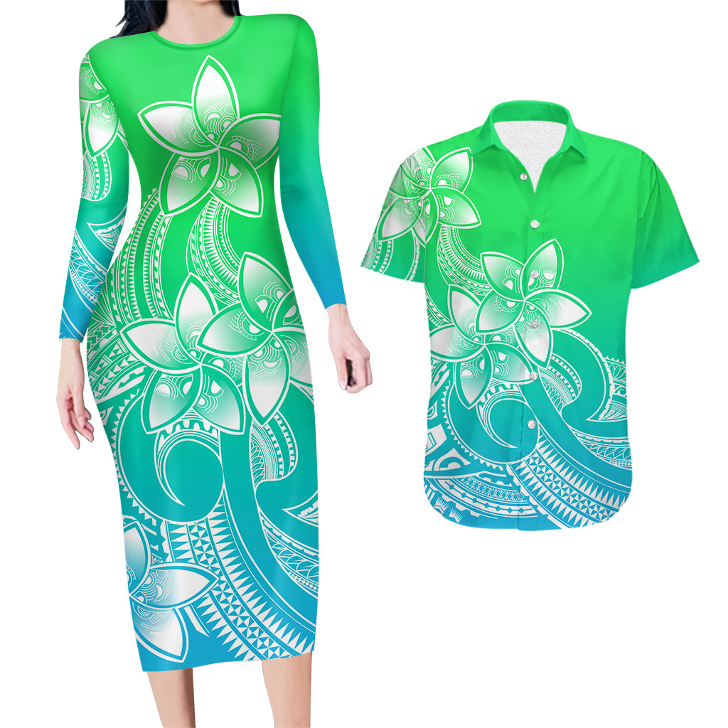 Polynesian Couple Outfits Plumeria Flowers Couples Bodycon Dress Hawaiian Shirt Polynesian Tribal Gradient Green LT9 Gradient Green - Polynesian Pride