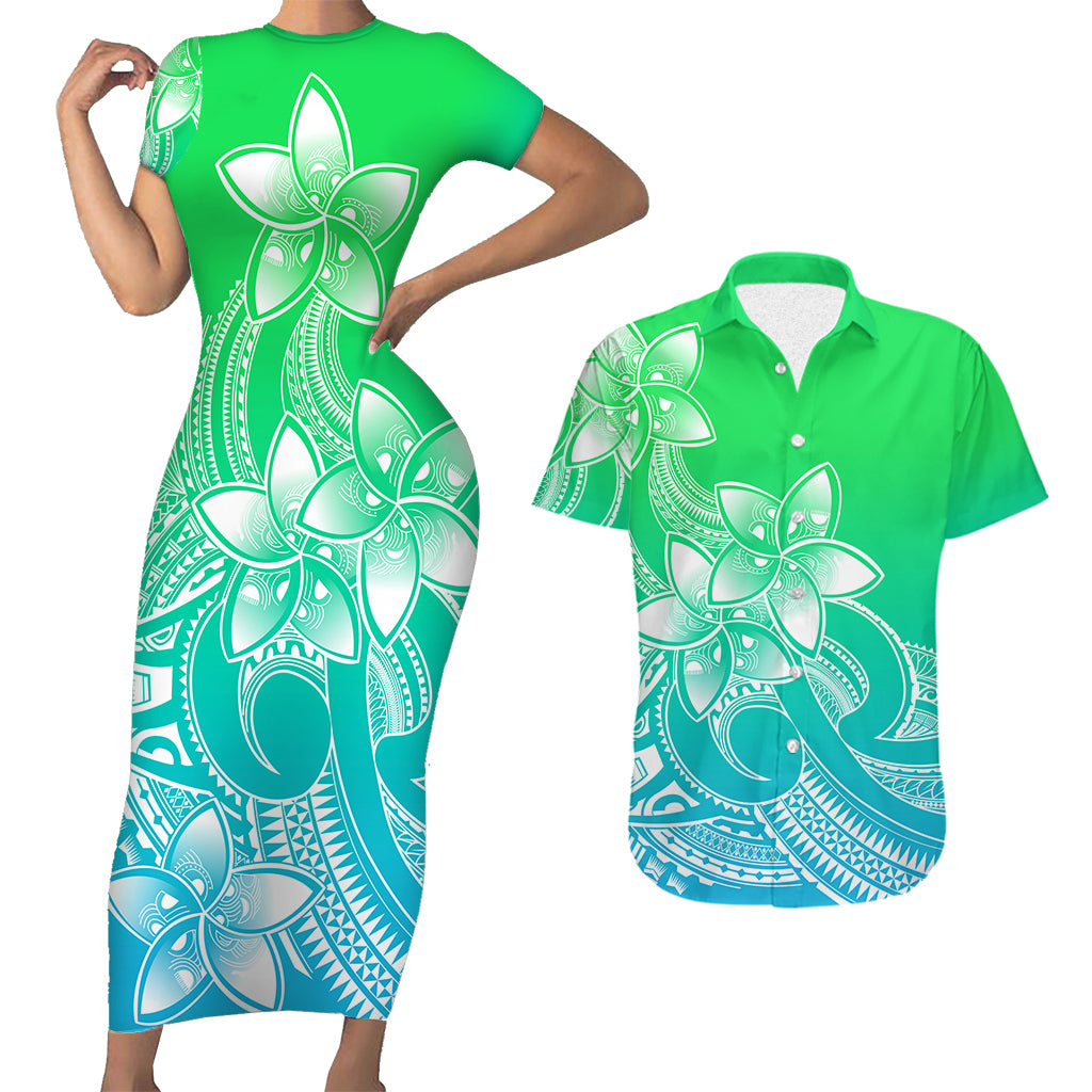 Polynesian Couple Outfits Plumeria Flowers Short Sleeve Body Long Dress and Hawaiian Shirt Polynesian Tribal Gradient Green LT9 Gradient Green - Polynesian Pride