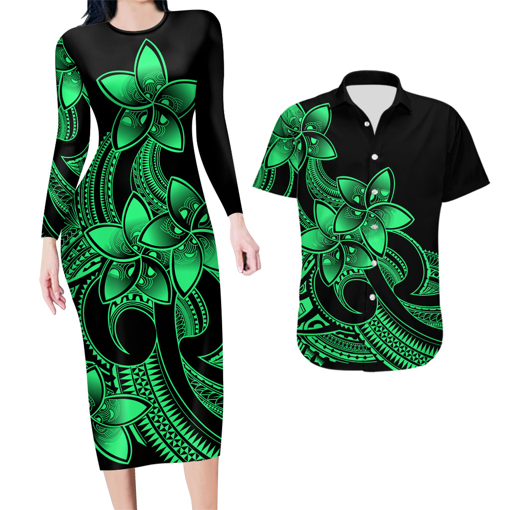 Polynesian Couple Outfits Plumeria Flowers Couples Bodycon Dress Hawaiian Shirt Polynesian Tribal Green Vibe LT9 Green - Polynesian Pride