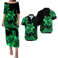 Polynesian Couple Outfits Plumeria Flowers Puletasi Dress and Hawaiian Shirt Polynesian Tribal Green Vibe LT9 Green - Polynesian Pride
