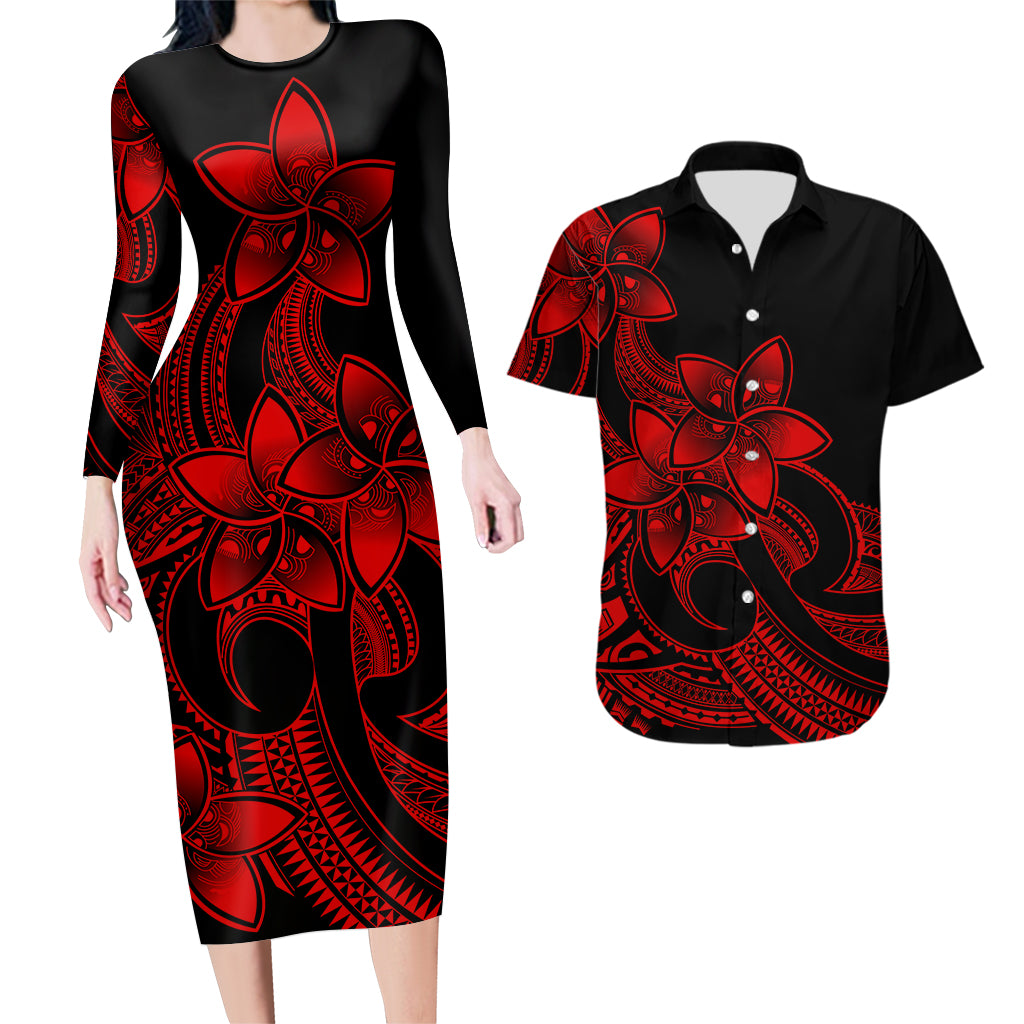 Polynesian Couple Outfits Plumeria Flowers Couples Bodycon Dress Hawaiian Shirt Polynesian Tribal Red Vibe LT9 Red - Polynesian Pride