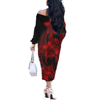 Polynesian Pride Plumeria Flowers Off Shoulder Long Sleeve Dress Polynesian Tribal Red Vibe LT9 - Polynesian Pride