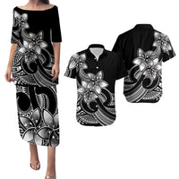 Polynesian Couple Outfits Plumeria Flowers Puletasi Dress and Hawaiian Shirt Polynesian Tribal White Vibe LT9 White - Polynesian Pride