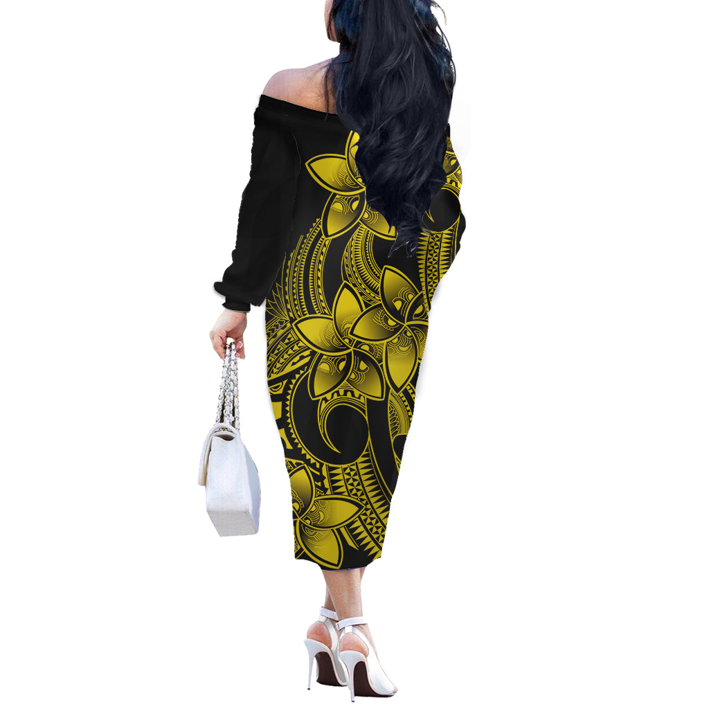 Polynesian Pride Plumeria Flowers Off Shoulder Long Sleeve Dress Polynesian Tribal Yellow Vibe LT9 - Polynesian Pride