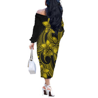Polynesian Pride Plumeria Flowers Off Shoulder Long Sleeve Dress Polynesian Tribal Yellow Vibe LT9 - Polynesian Pride