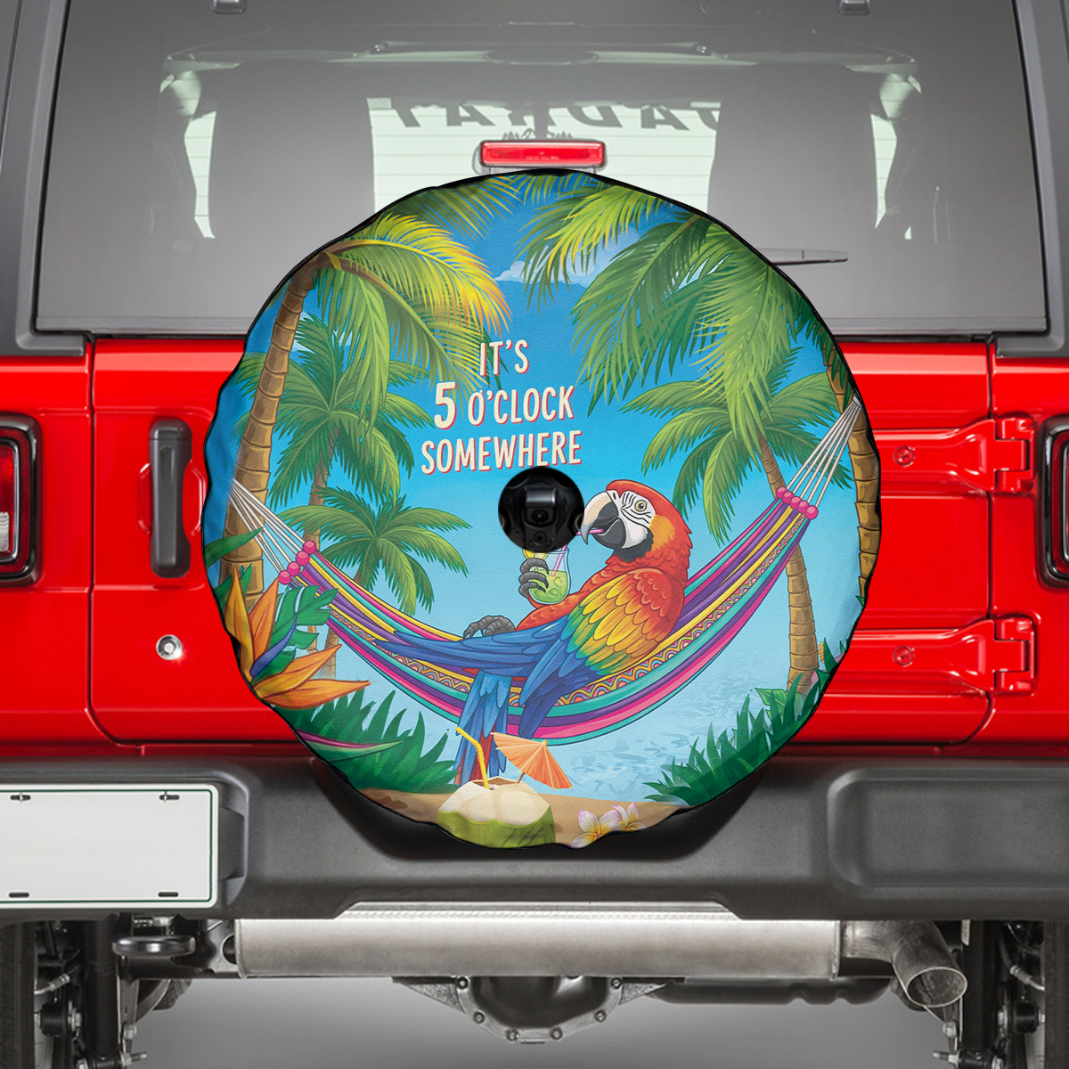 5 Oclock Somewhere Spare Tire Cover Hawaii Parrots Cocktail Summer Beach Vibe LT9