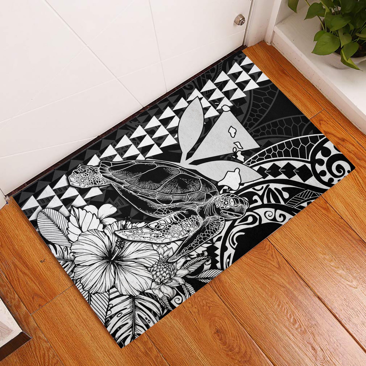 Hawaii Sea Turtle Door Mats Polynesia Kakau with Kanaka Maoli Black LT9 Black - Polynesian Pride