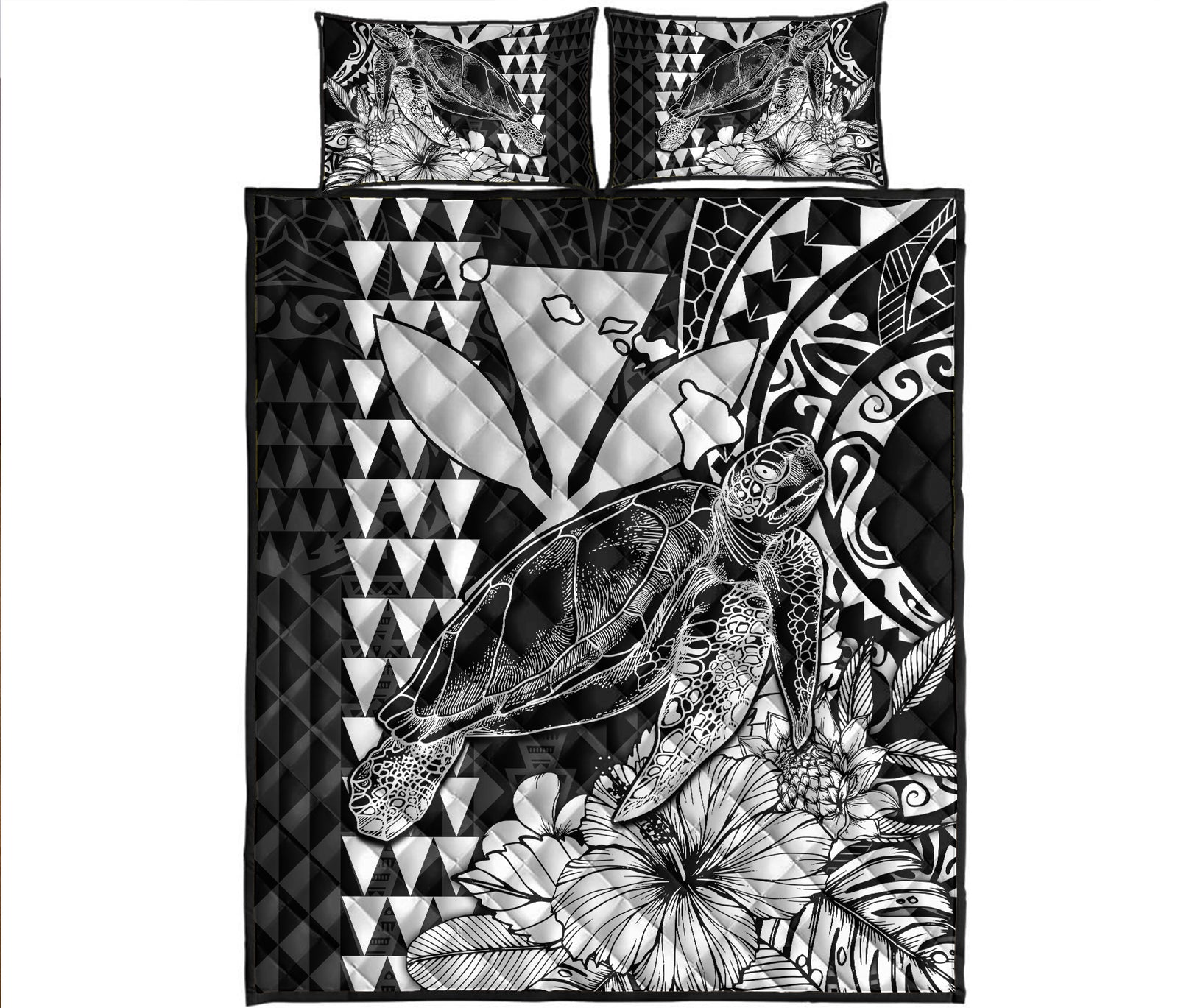 Hawaii Sea Turtle Quilt Bed Set Polynesia Kakau with Kanaka Maoli Black LT9 Black - Polynesian Pride