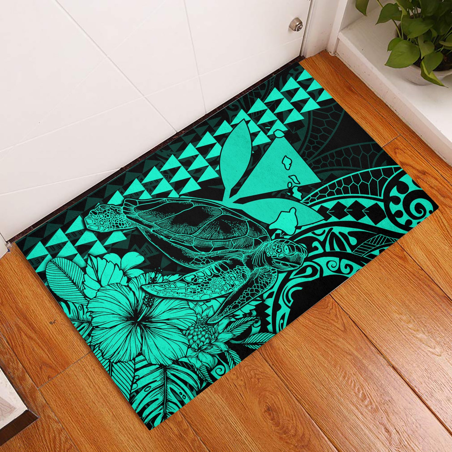 Hawaii Sea Turtle Door Mats Polynesia Kakau with Kanaka Maoli Turquoise LT9 Turquoise - Polynesian Pride