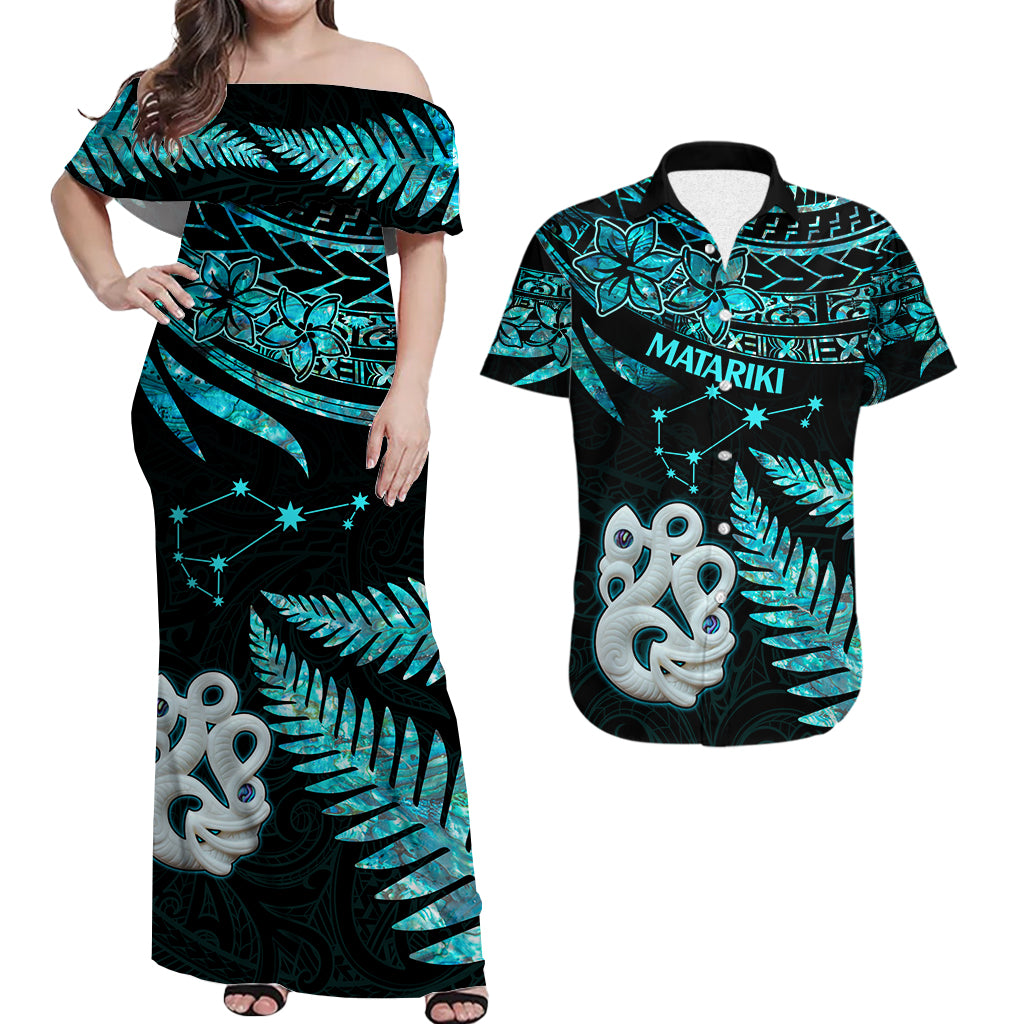 Matching Outfits For Couples Maori Couples Long Dress and Hawaiian Shirt Matariki Stars Manaia with Paua Shell - Aqua LT9 - Polynesian Pride