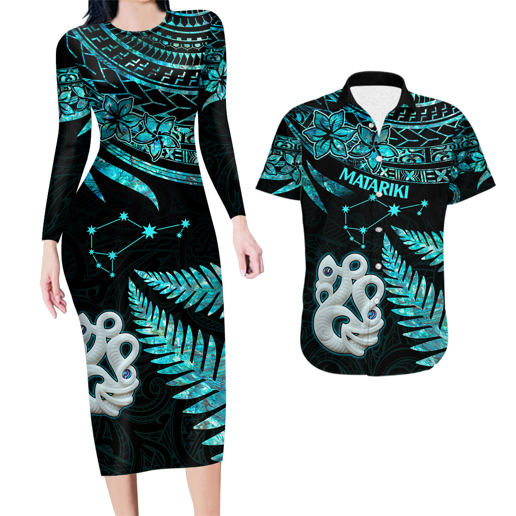 Couples Matching Hawaiian Outfits Matariki New Zealand Couples Bodycon Dress Hawaiian Shirt Manaia with Paua Shell - Aqua LT9 - Polynesian Pride