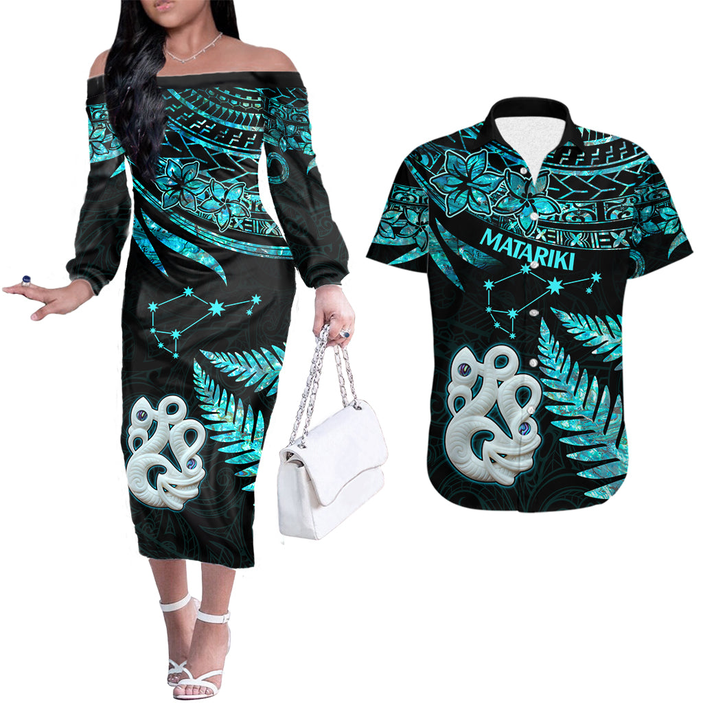 Hawaiian Couple Outfits NZ New Year Couples Long Sleeve Dress and Hawaiian Shirt Manaia with Paua Shell - Aqua LT9 Aqua - Polynesian Pride