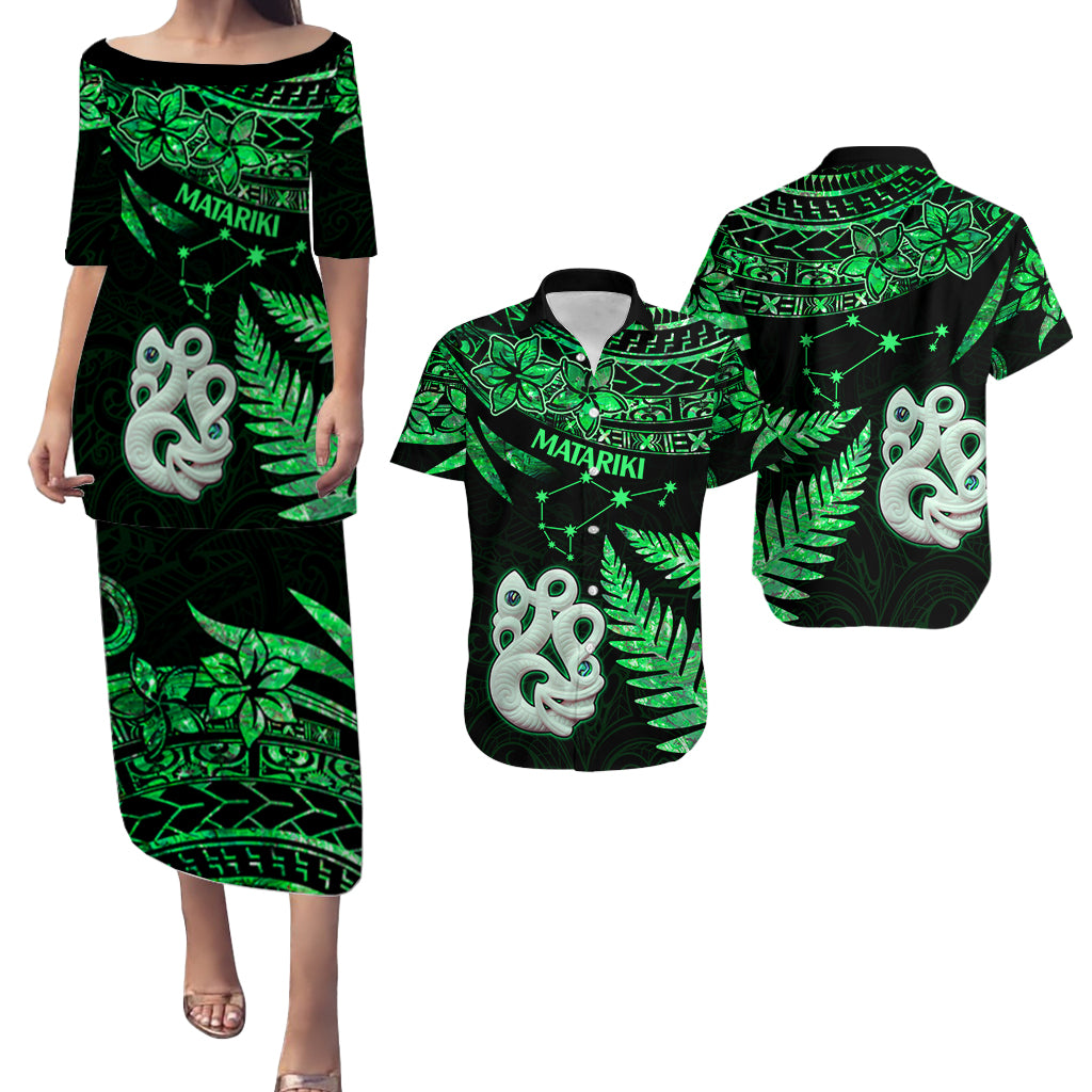 Couples Matching Hawaiian Outfits Matariki New Zealand Puletasi Dress and Hawaiian Shirt Manaia with Paua Shell - Green LT9 Green - Polynesian Pride
