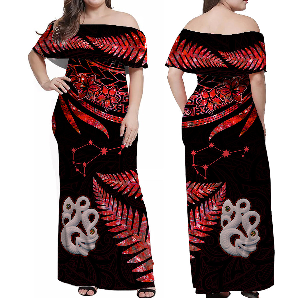 Matching Outfits For Couples Maori Couples Long Dress and Hawaiian Shirt Matariki Stars Manaia with Paua Shell - Red LT9 - Polynesian Pride