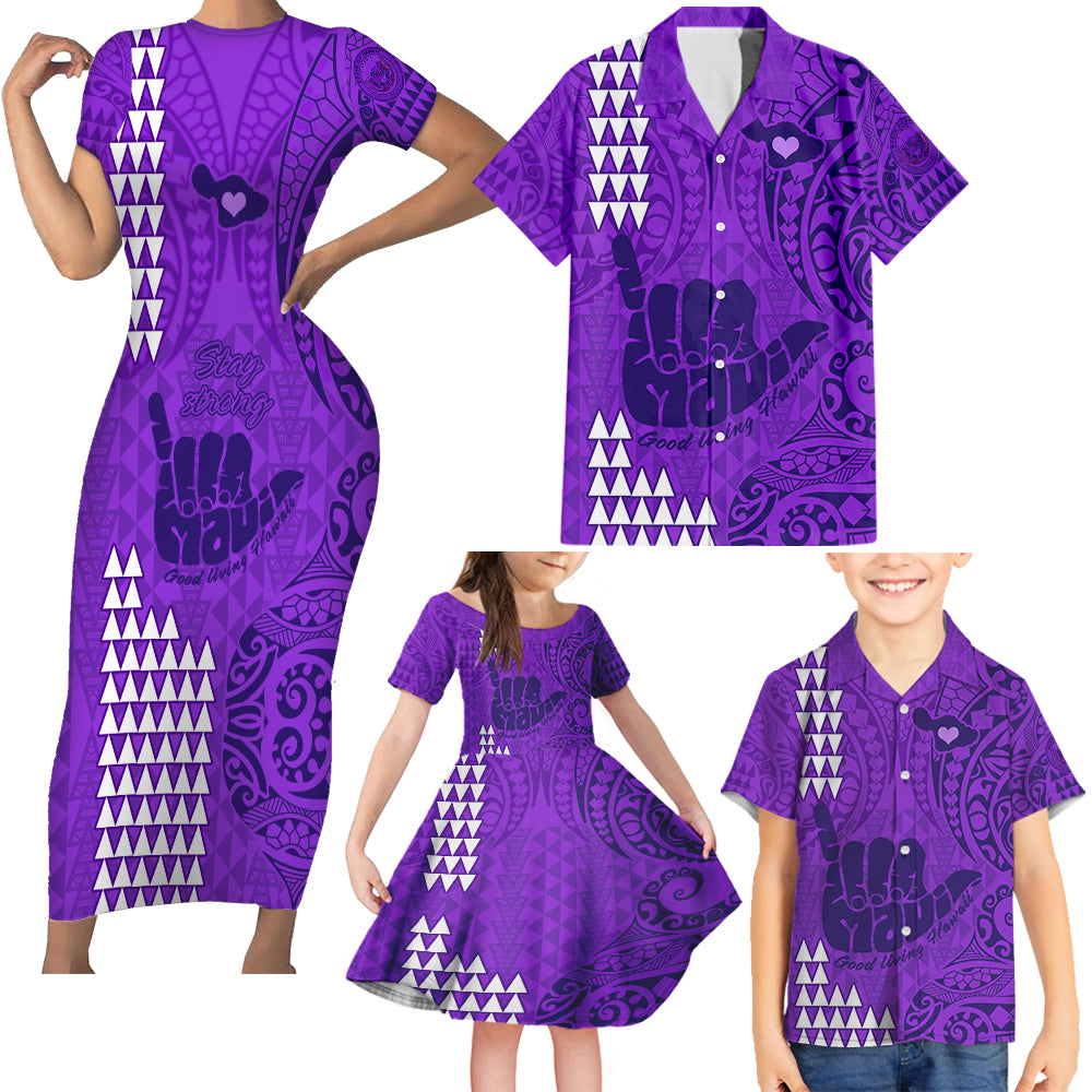 Strong Maui Family Short Sleeve Bodycon Dress and Hawaiian Shirt Good Living Hawaii with Shaka Sign Kakau Tribal Purple LT9 Purple - Polynesian Pride
