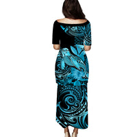 Matching Outfit For Couples Hawaii Monk Seal Puletasi Dress and Hawaiian Shirt Polynesian Kakau With Kanaka Turquoise LT14 - Polynesian Pride