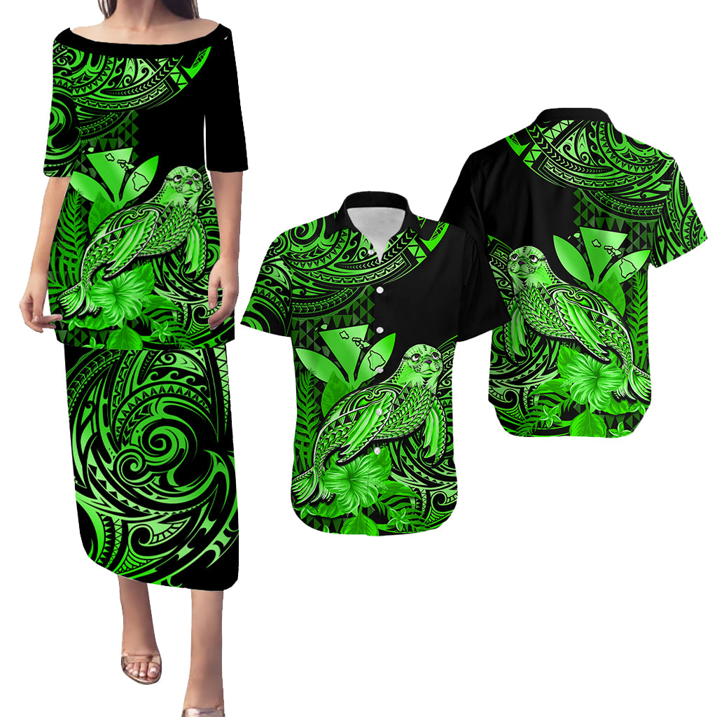 Matching Outfit For Couples Hawaii Monk Seal Puletasi Dress and Hawaiian Shirt Polynesian Kakau With Kanaka Green LT14 Green - Polynesian Pride