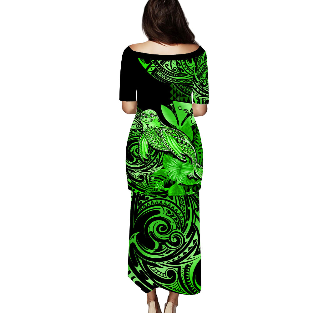 Matching Outfit For Couples Hawaii Monk Seal Puletasi Dress and Hawaiian Shirt Polynesian Kakau With Kanaka Green LT14 - Polynesian Pride