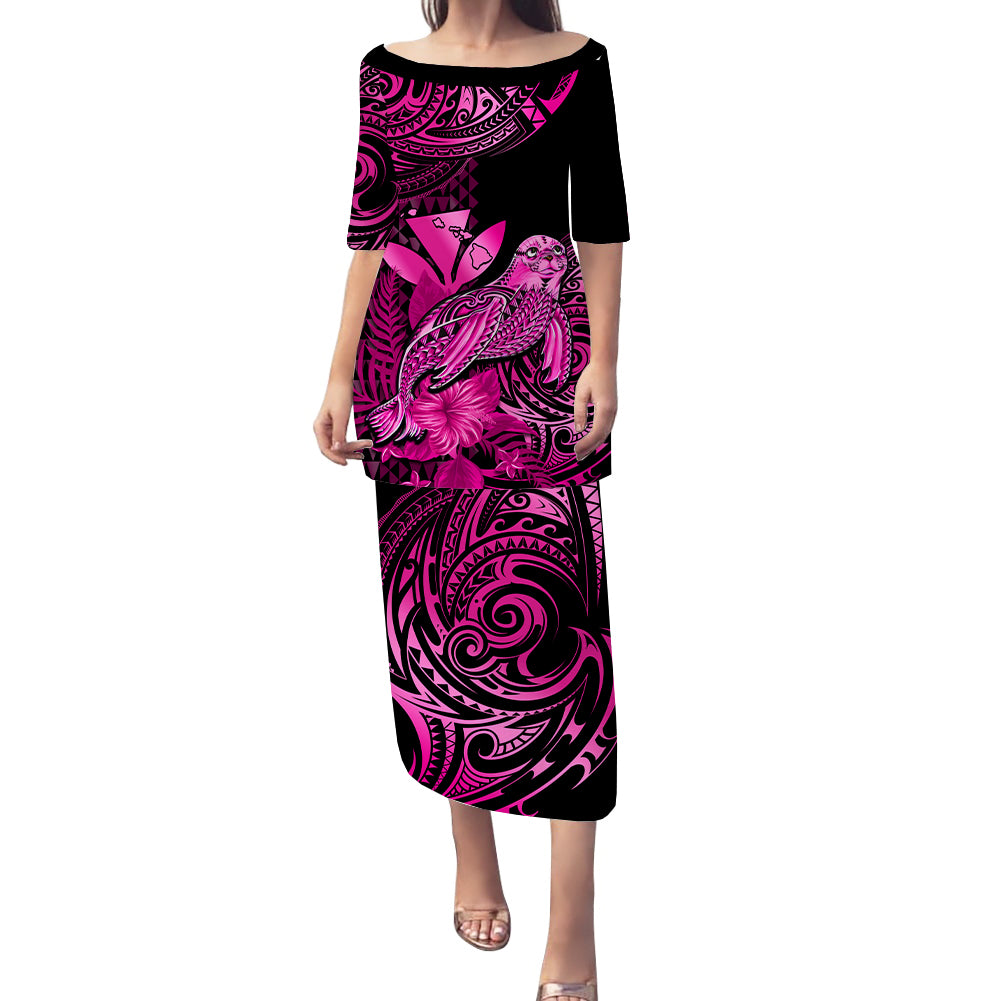 Matching Outfit For Couples Hawaii Monk Seal Puletasi Dress and Hawaiian Shirt Polynesian Kakau With Kanaka Pink LT14 - Polynesian Pride