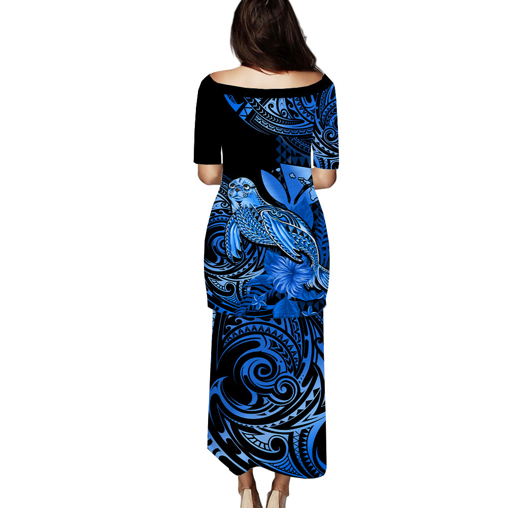 Matching Outfit For Couples Hawaii Monk Seal Puletasi Dress and Hawaiian Shirt Polynesian Kakau With Kanaka Blue LT14 - Polynesian Pride