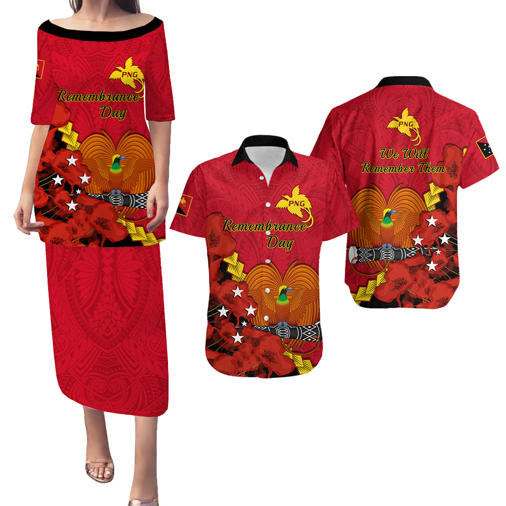 Matching Outfit For Couples Remembrance Day PNG Puletasi Dress and Hawaiian Shirt Papua New Guinea We Will Remember Them LT14 Red - Polynesian Pride