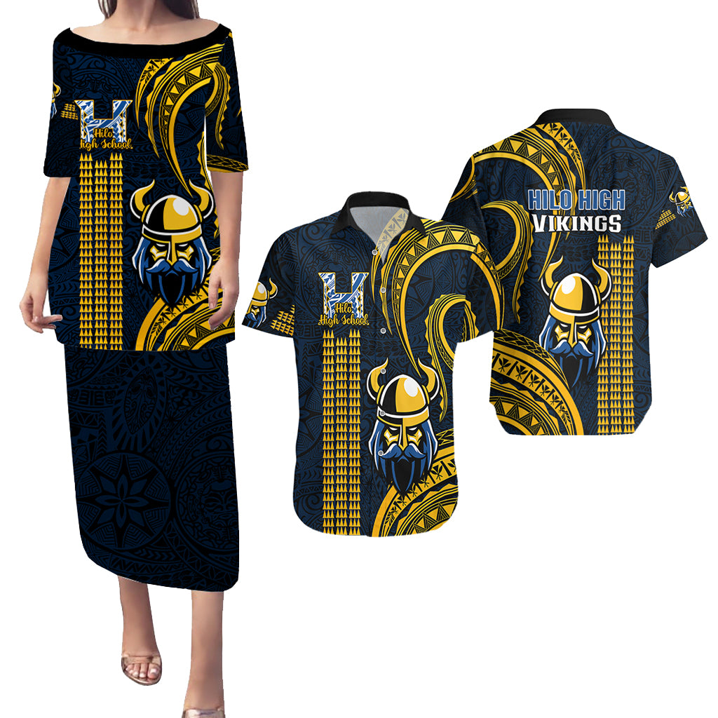 Matching Outfit For Couples Hawaii Hilo High School Puletasi Dress and Hawaiian Shirt Polynesian Kakau Pattern LT14 Gold - Polynesian Pride