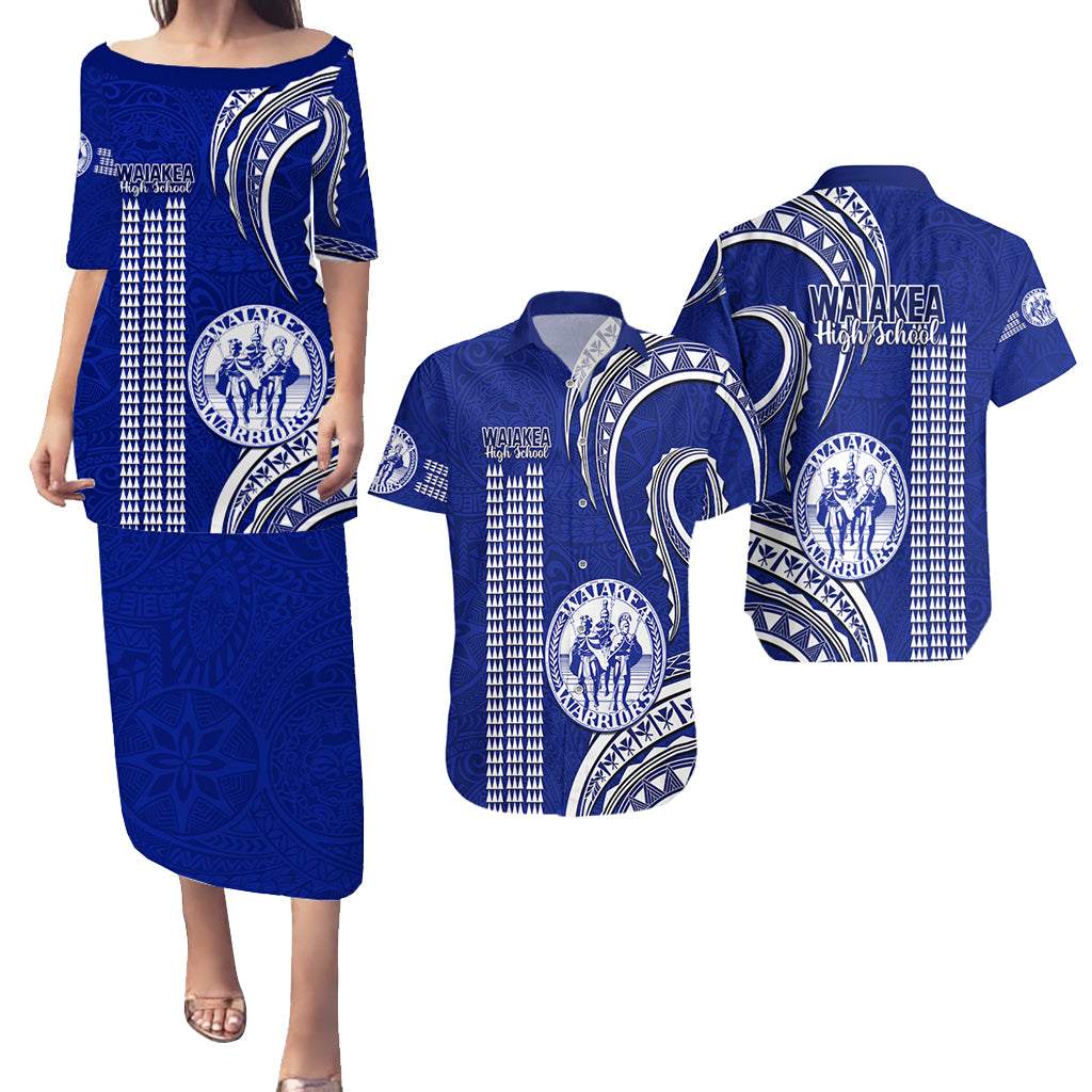 Matching Outfit For Couples Hawaii Waiakea High School Puletasi Dress and Hawaiian Shirt Polynesian Kakau Pattern LT14 Blue - Polynesian Pride