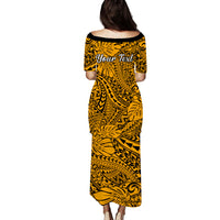 Personalised Hawaii Matching Couple Outfits For Vacation Puletasi Dress and Hawaiian Shirt Gold Polynesian Tribal Art LT14 - Polynesian Pride