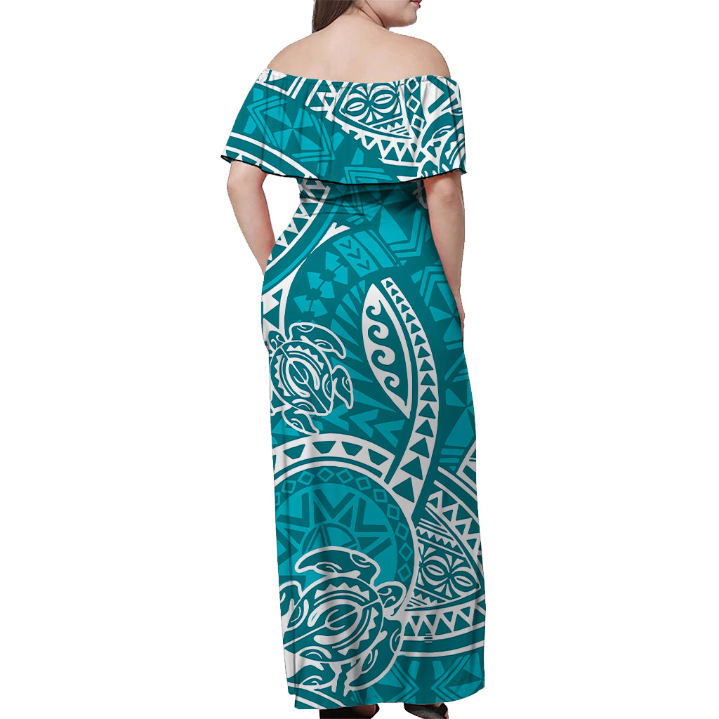 Couples Matching Hawaiian Outfits Couples Long Dress and Hawaiian Shirt Hawaiian Tribal Honu Turquoise Version LT14 - Polynesian Pride
