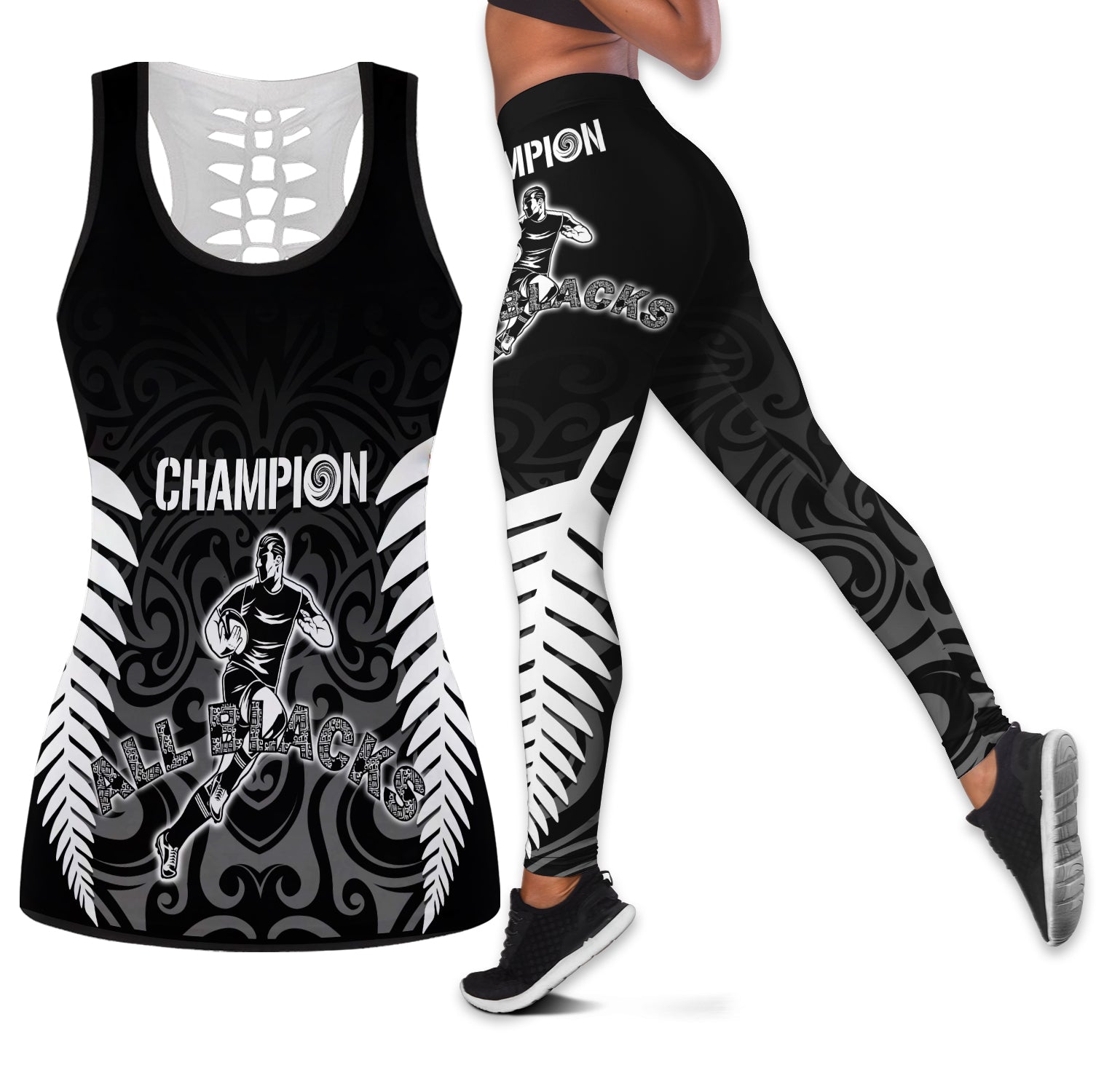 New Zealand Hollow Tank And Leggings Combo All Black Champion LT7 Black - Polynesian Pride