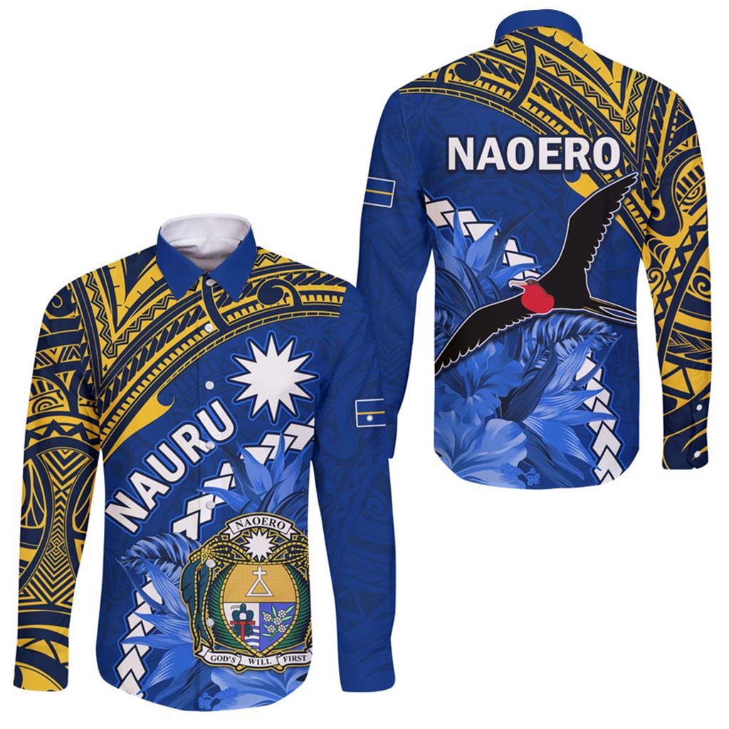 Nauru Coat of Arms Hawaii Long Sleeve Button Shirt Polynesian With Frigatebird LT9