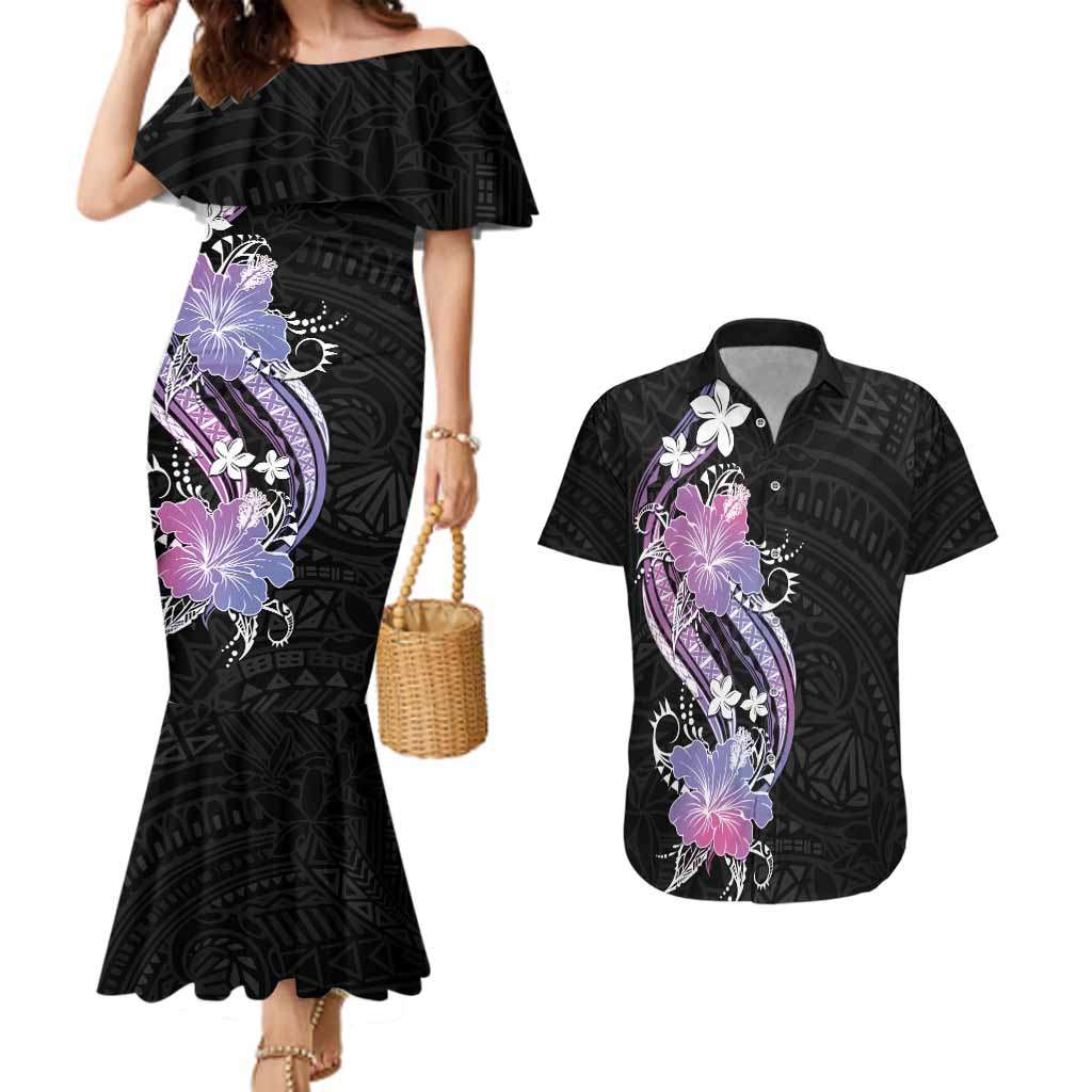 Black Galaxy Polynesian Pattern With Tropical Flowers Couples Matching Mermaid Dress and Hawaiian Shirt LT05 Galaxy - Polynesian Pride